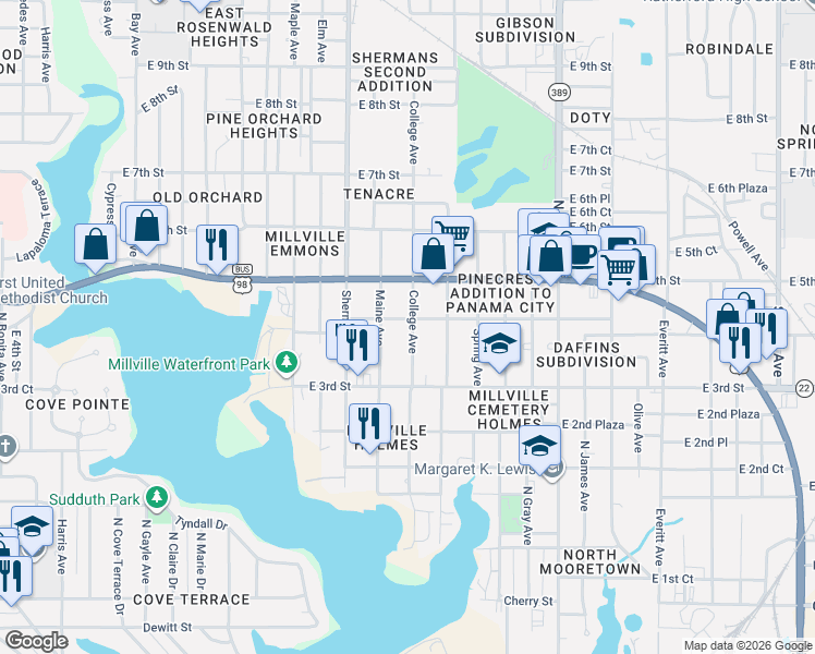 map of restaurants, bars, coffee shops, grocery stores, and more near 338 College Avenue in Panama City