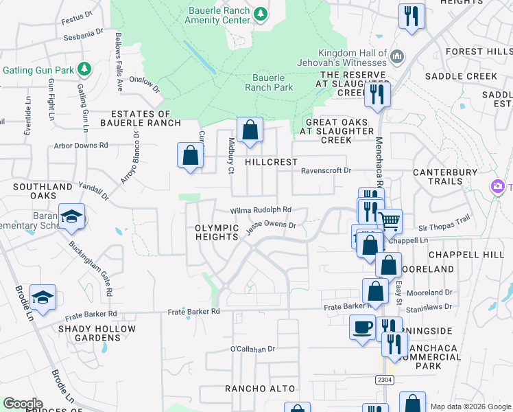 map of restaurants, bars, coffee shops, grocery stores, and more near 2202 Jesse Owens Drive in Austin
