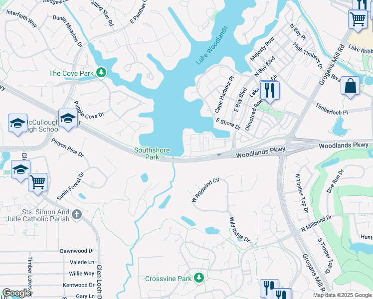 map of restaurants, bars, coffee shops, grocery stores, and more near 161 West Breezy Way in The Woodlands