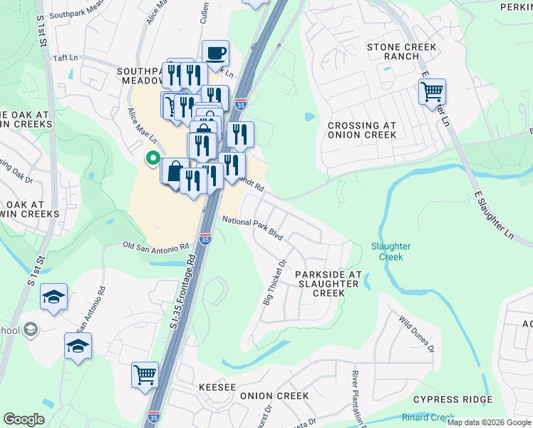 map of restaurants, bars, coffee shops, grocery stores, and more near 10101 Anahuac Trail in Austin
