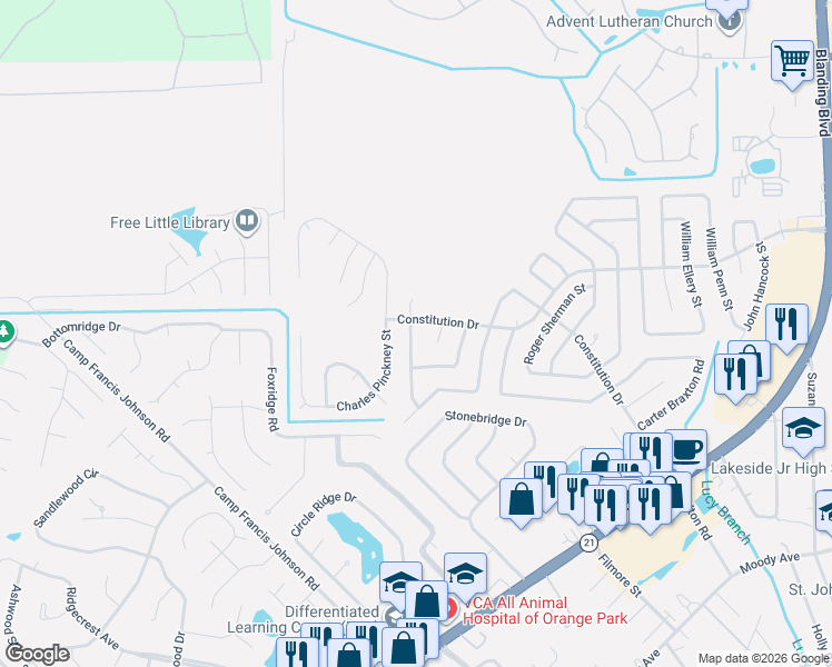 map of restaurants, bars, coffee shops, grocery stores, and more near 602 Robert Livingston Street in Orange Park