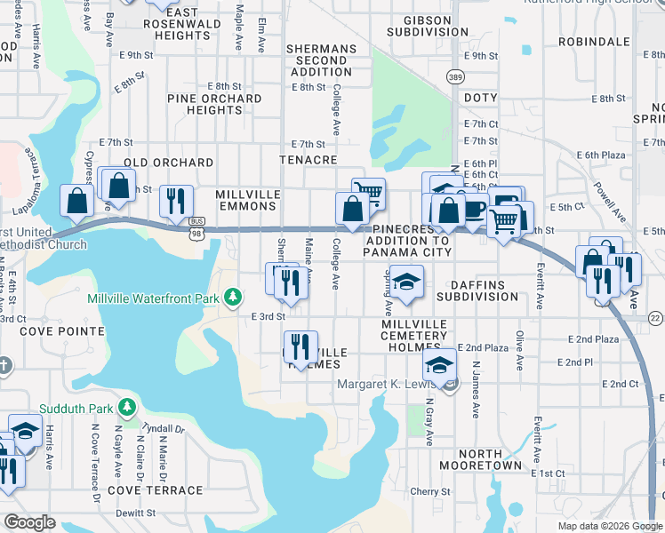 map of restaurants, bars, coffee shops, grocery stores, and more near 338 College Avenue in Panama City
