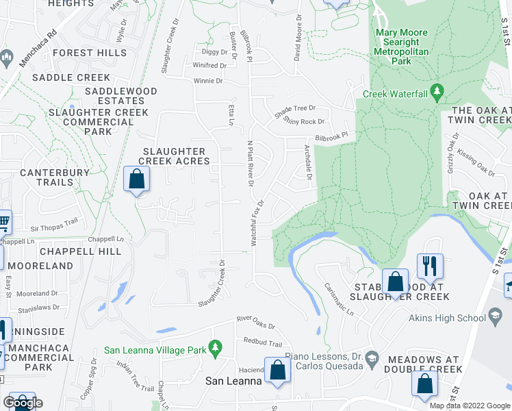 map of restaurants, bars, coffee shops, grocery stores, and more near 10736 North Platt River Drive in Austin