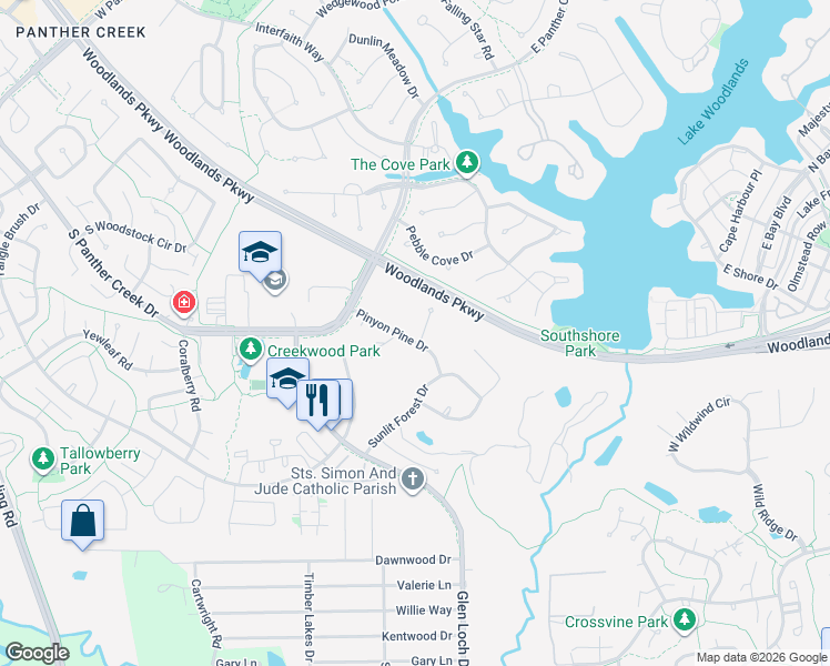 map of restaurants, bars, coffee shops, grocery stores, and more near 995 Pinyon Pine Drive in The Woodlands