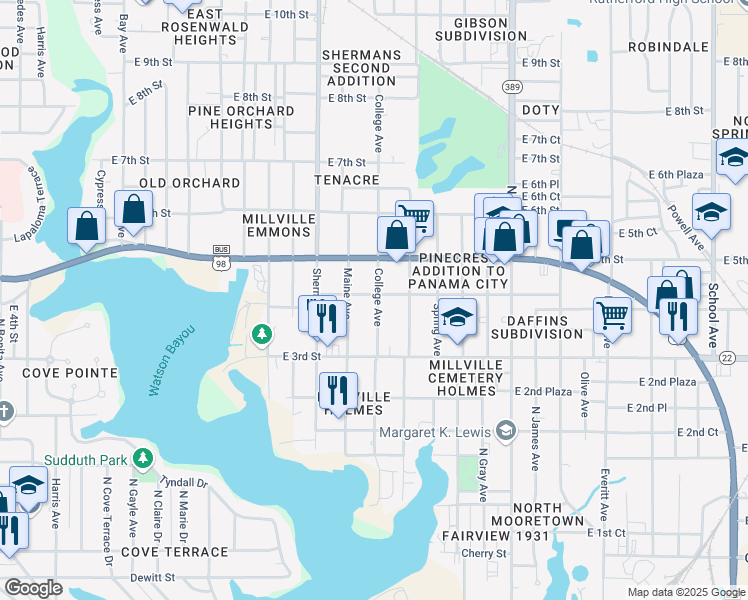 map of restaurants, bars, coffee shops, grocery stores, and more near 404 College Avenue in Panama City