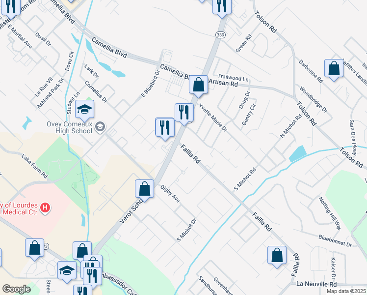 map of restaurants, bars, coffee shops, grocery stores, and more near 114 Failla Road in Lafayette