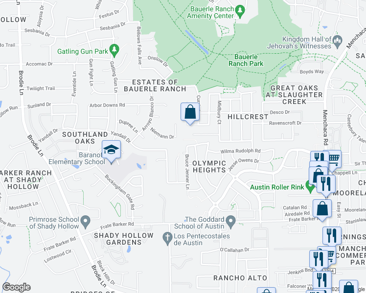 map of restaurants, bars, coffee shops, grocery stores, and more near 11402 Bruce Jenner Lane in Austin
