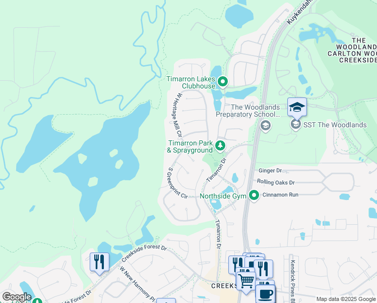 map of restaurants, bars, coffee shops, grocery stores, and more near 22 Quiet Yearling Place in Tomball