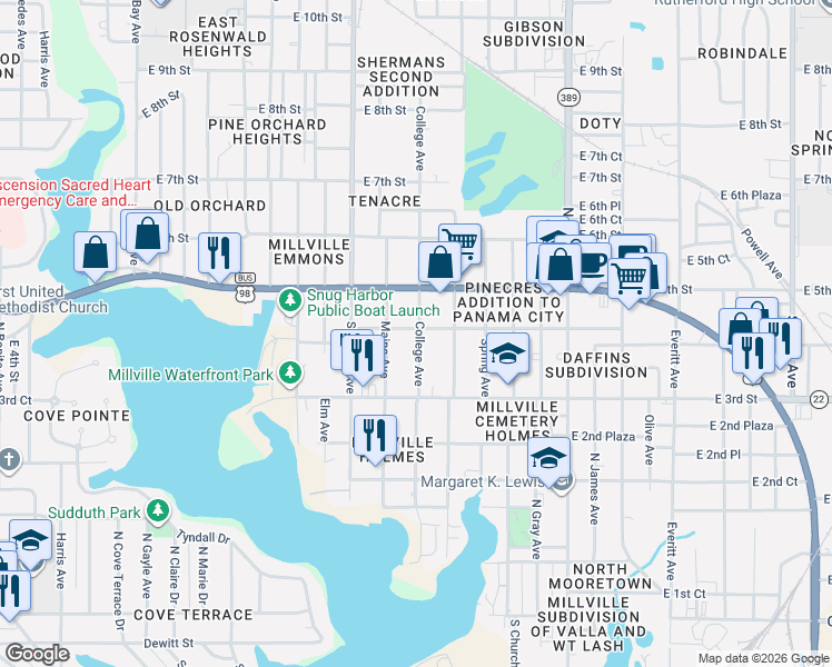 map of restaurants, bars, coffee shops, grocery stores, and more near 404 College Avenue in Panama City