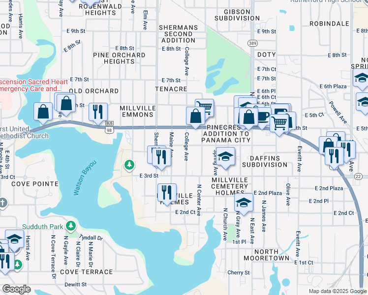 map of restaurants, bars, coffee shops, grocery stores, and more near 404 College Avenue in Panama City