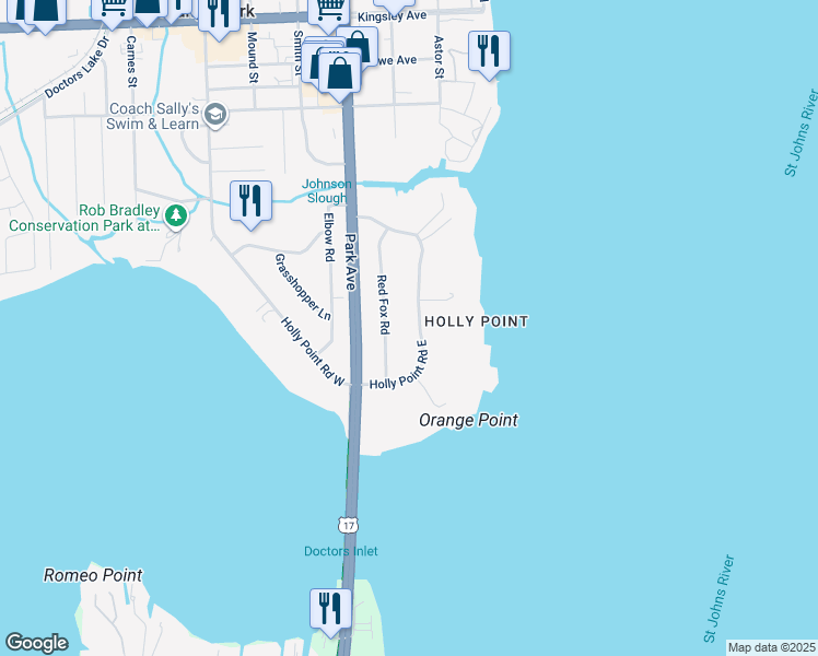 map of restaurants, bars, coffee shops, grocery stores, and more near 2637 Red Fox Road in Orange Park