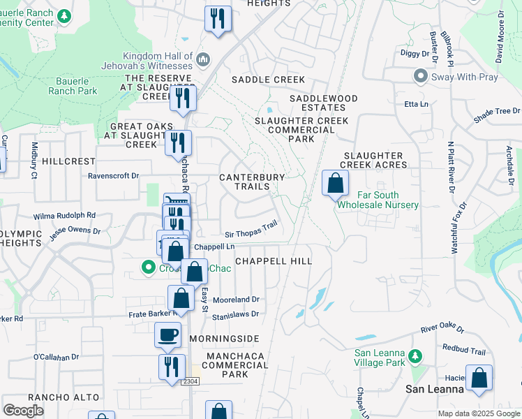 map of restaurants, bars, coffee shops, grocery stores, and more near 1318 Merchants Tale Lane in Austin