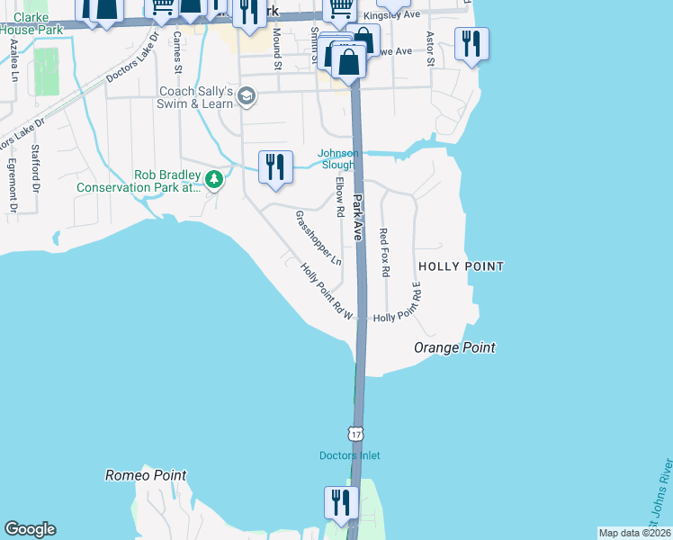 map of restaurants, bars, coffee shops, grocery stores, and more near 2650 Grasshopper Lane in Orange Park