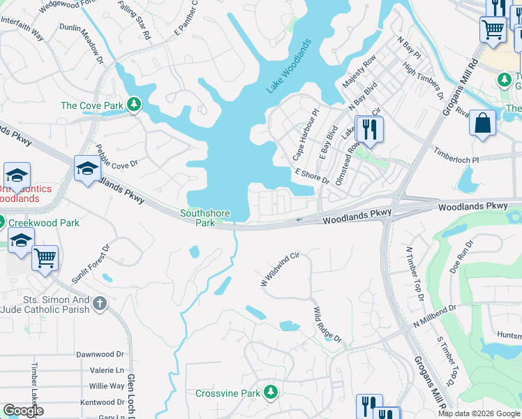 map of restaurants, bars, coffee shops, grocery stores, and more near 202 East Breezy Way in The Woodlands