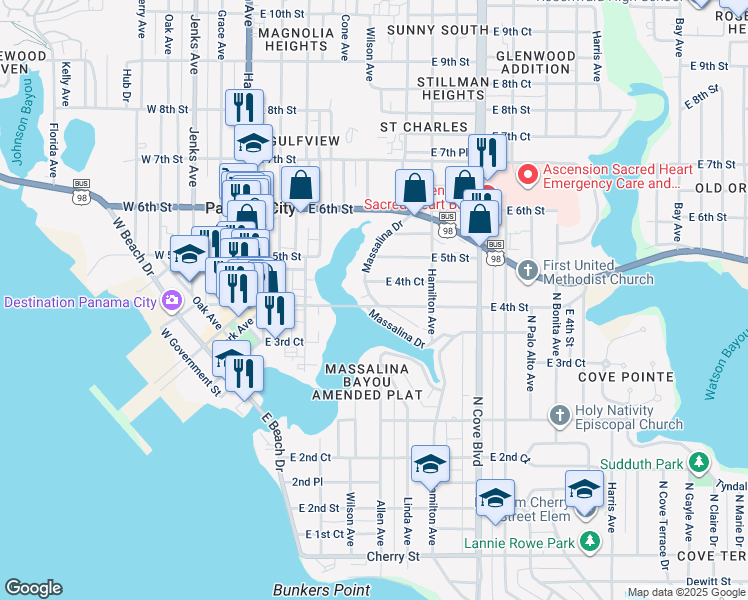 map of restaurants, bars, coffee shops, grocery stores, and more near 518 East 4th Court in Panama City