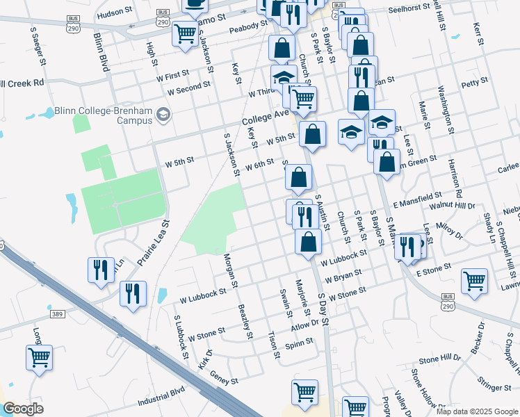 map of restaurants, bars, coffee shops, grocery stores, and more near 502 West Tom Green Street in Brenham