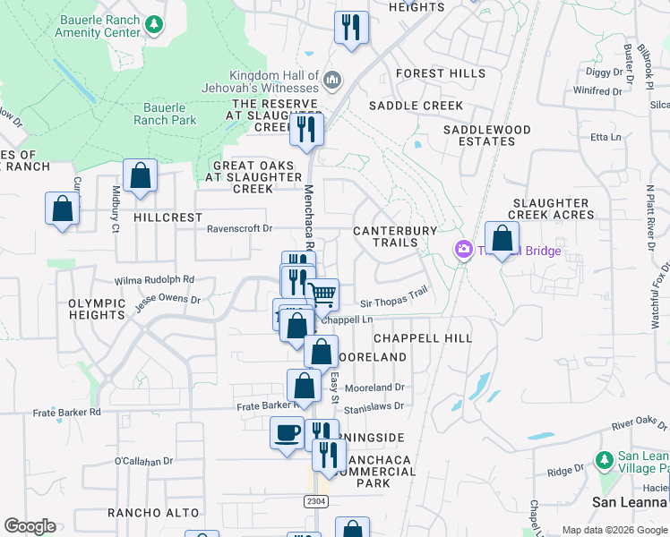 map of restaurants, bars, coffee shops, grocery stores, and more near 11204 Bright Leaf Terrace in Austin