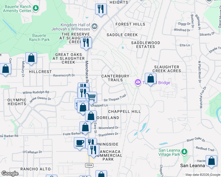 map of restaurants, bars, coffee shops, grocery stores, and more near 11317 Canterbury Tales Lane in Austin