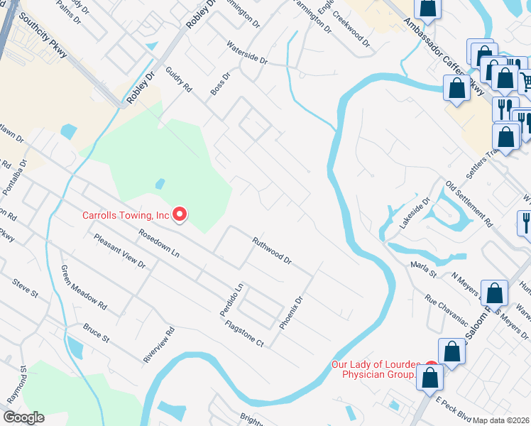 map of restaurants, bars, coffee shops, grocery stores, and more near Rutherford Court in Lafayette