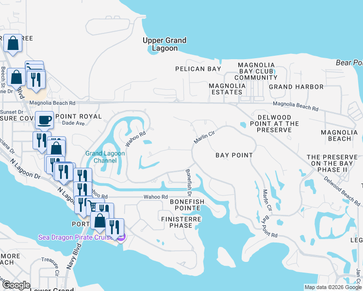 map of restaurants, bars, coffee shops, grocery stores, and more near 1012 Barracuda Drive in Panama City Beach