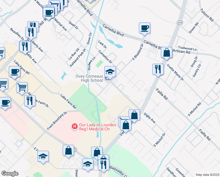 map of restaurants, bars, coffee shops, grocery stores, and more near 105 Imperial Palm Lane in Lafayette