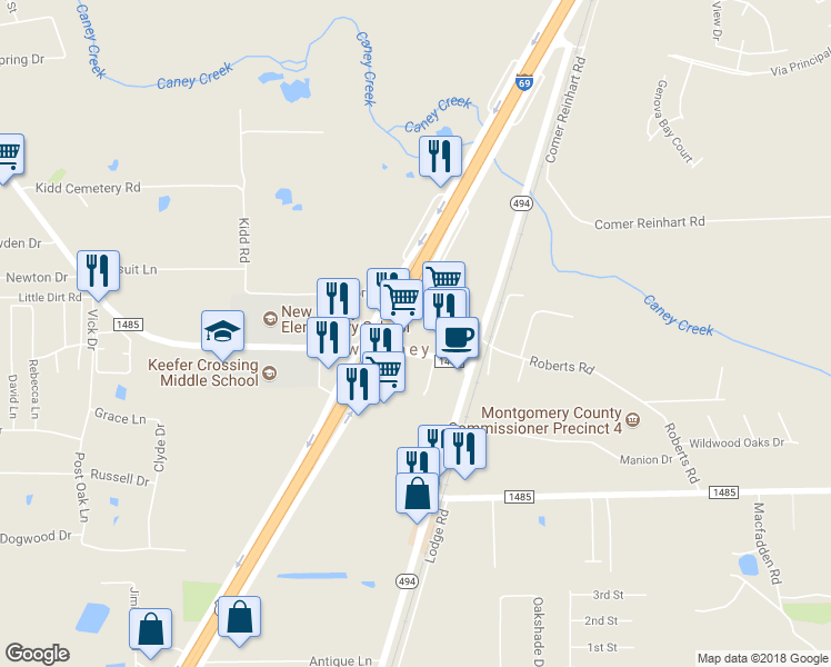 map of restaurants, bars, coffee shops, grocery stores, and more near 20851 Farm-To-Market Road 1485 in New Caney