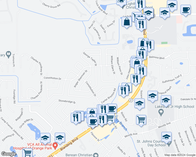 map of restaurants, bars, coffee shops, grocery stores, and more near 595 Charles Carroll Street in Orange Park