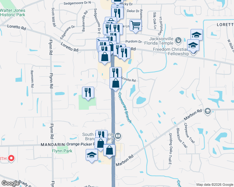 map of restaurants, bars, coffee shops, grocery stores, and more near 3110 Swooping Willow Court West in Jacksonville
