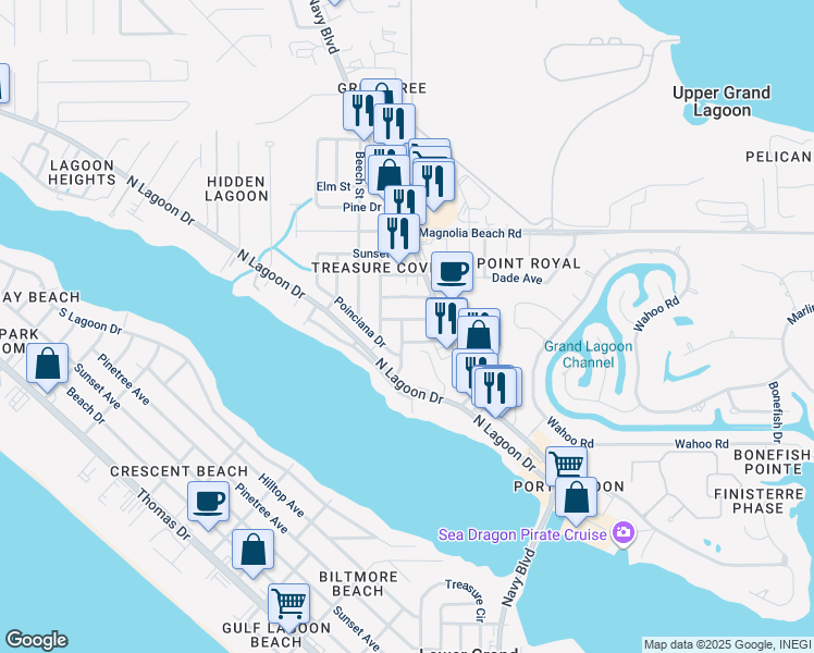 map of restaurants, bars, coffee shops, grocery stores, and more near 6214 Orange Plaza in Panama City Beach