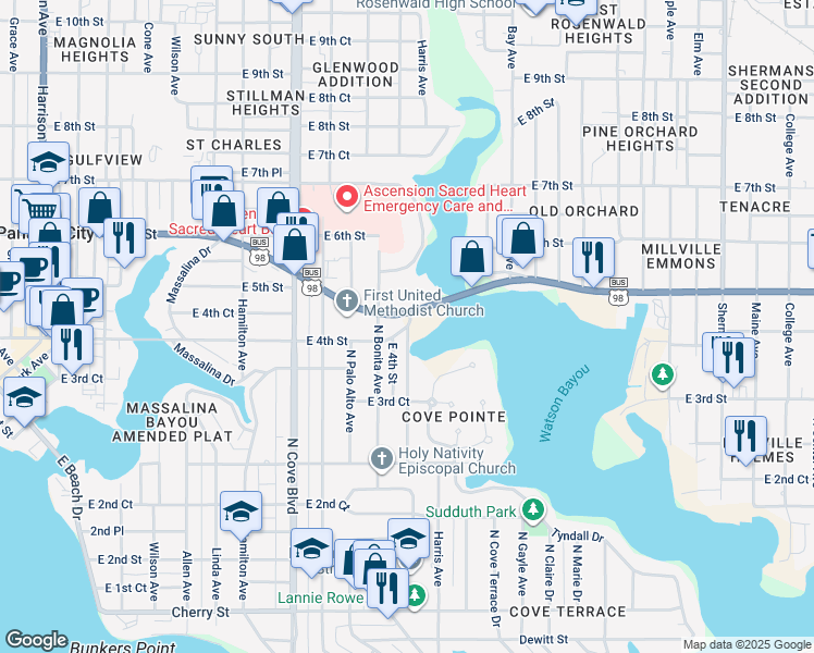 map of restaurants, bars, coffee shops, grocery stores, and more near 1159 East 4th Street in Panama City