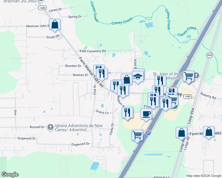 map of restaurants, bars, coffee shops, grocery stores, and more near 20141 Farm to Market 1485 in New Caney