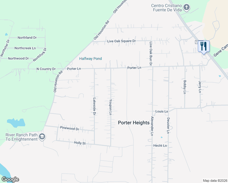 map of restaurants, bars, coffee shops, grocery stores, and more near 20315 Youpon Lane in Porter