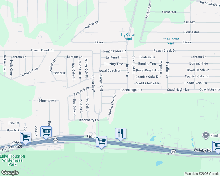 map of restaurants, bars, coffee shops, grocery stores, and more near 26685 Coach Light Lane in New Caney