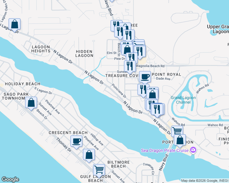 map of restaurants, bars, coffee shops, grocery stores, and more near 2701 Beech Street in Panama City