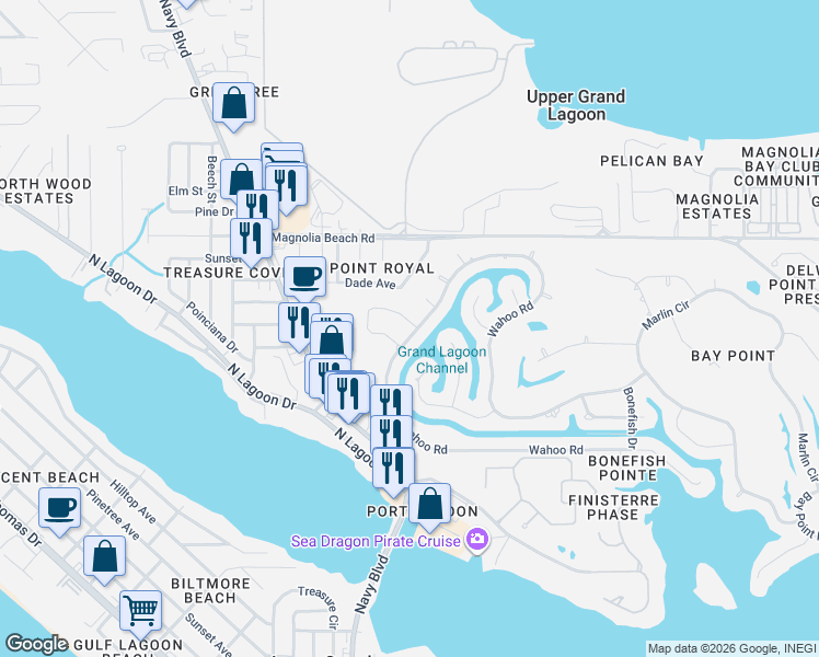 map of restaurants, bars, coffee shops, grocery stores, and more near 1703 Wahoo Circle in Panama City Beach