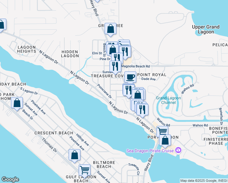 map of restaurants, bars, coffee shops, grocery stores, and more near 6214 Orange Plaza in Panama City Beach