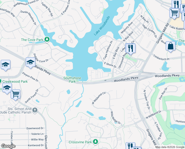 map of restaurants, bars, coffee shops, grocery stores, and more near 202 East Breezy Way in The Woodlands