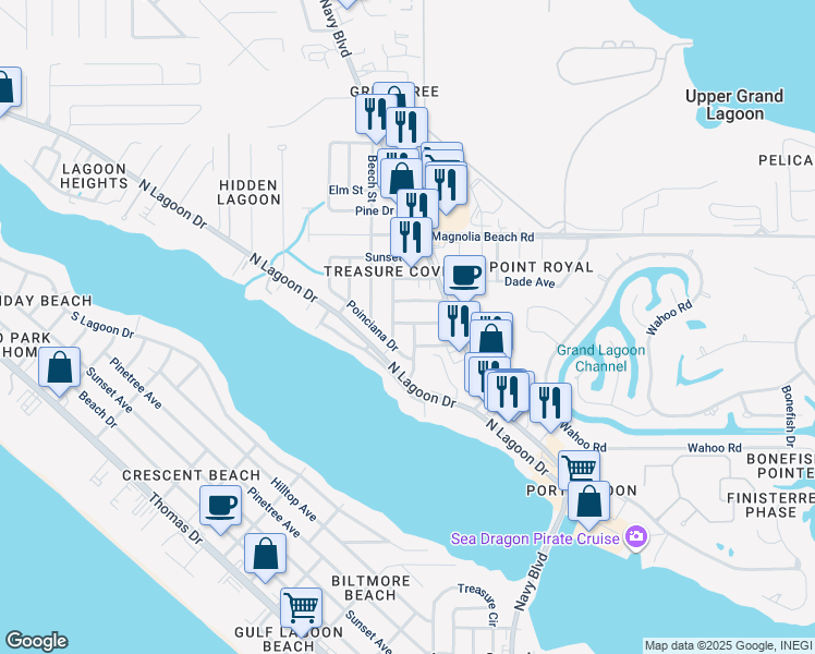 map of restaurants, bars, coffee shops, grocery stores, and more near 6214 Orange Plaza in Panama City Beach