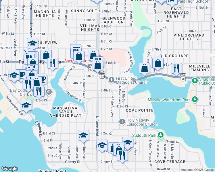 map of restaurants, bars, coffee shops, grocery stores, and more near 421 North Palo Alto Avenue in Panama City