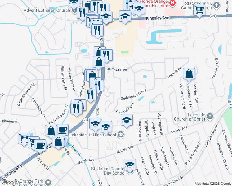 map of restaurants, bars, coffee shops, grocery stores, and more near 304 Kettering Terrace in Orange Park