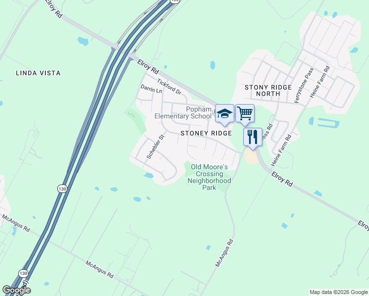 map of restaurants, bars, coffee shops, grocery stores, and more near 7216 Wardman Drive in Del Valle