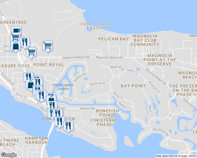 map of restaurants, bars, coffee shops, grocery stores, and more near 1012 Barracuda Drive in Panama City Beach