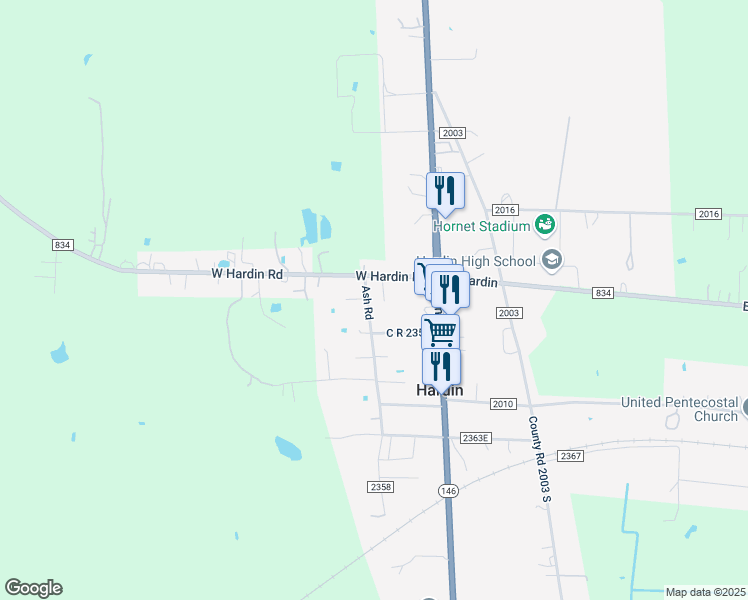 map of restaurants, bars, coffee shops, grocery stores, and more near 145 County Road 2358 in Liberty