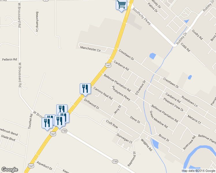 map of restaurants, bars, coffee shops, grocery stores, and more near 104 Albania Court in Lafayette