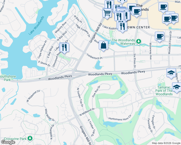map of restaurants, bars, coffee shops, grocery stores, and more near 2298 Woodlands Pkwy in The Woodlands