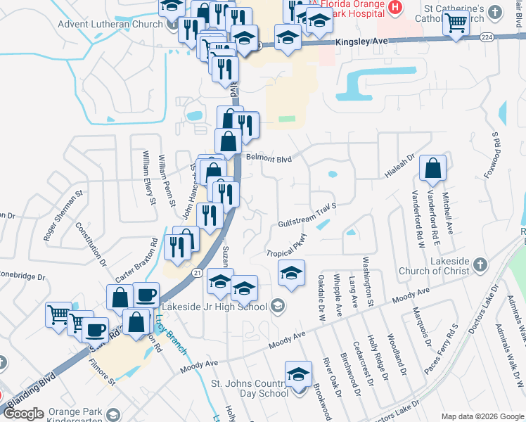 map of restaurants, bars, coffee shops, grocery stores, and more near 304 Kettering Terrace in Orange Park