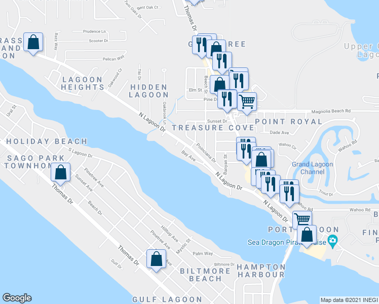 map of restaurants, bars, coffee shops, grocery stores, and more near 6511 North Lagoon Drive in Panama City