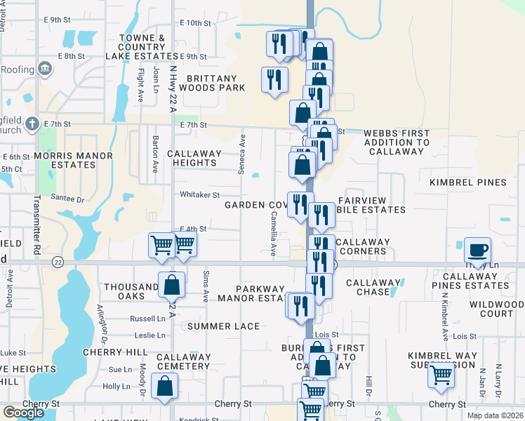 map of restaurants, bars, coffee shops, grocery stores, and more near 5312 Garden Cove Road in Panama City
