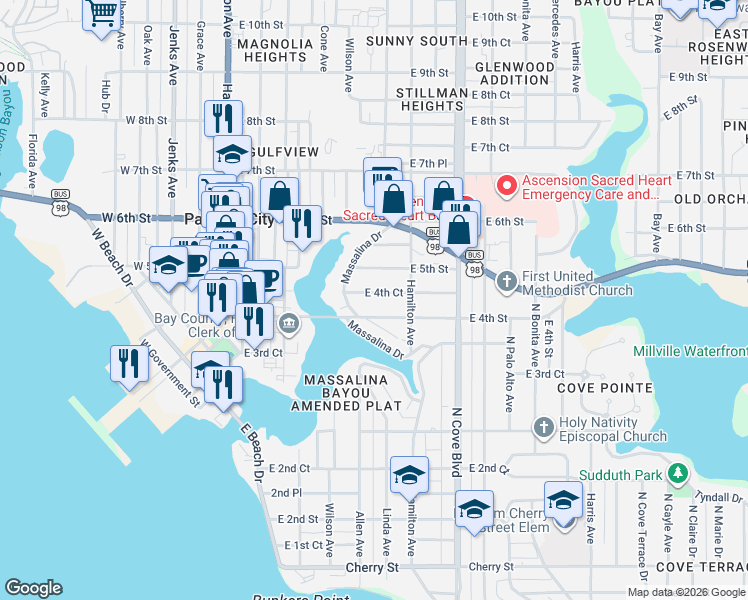 map of restaurants, bars, coffee shops, grocery stores, and more near 518 East 4th Court in Panama City