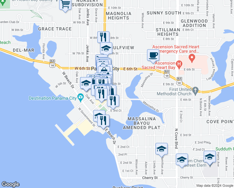 map of restaurants, bars, coffee shops, grocery stores, and more near 421 Magnolia Avenue in Panama City
